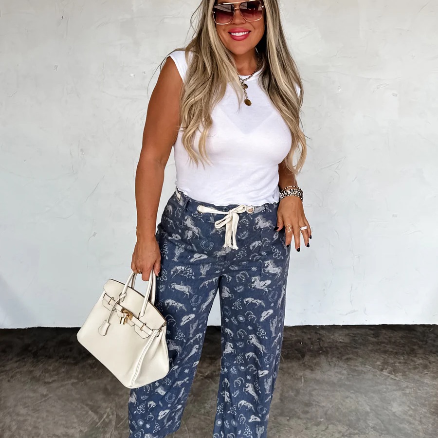 Rodeo Sky Stretch Stylish Blue Patterned Women's Denim Pants